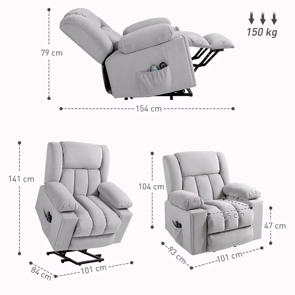 Poltrona Relax Elettrica REDOM con Alzata, Massaggio e Calore in Velluto Grigio Chiaro – 2