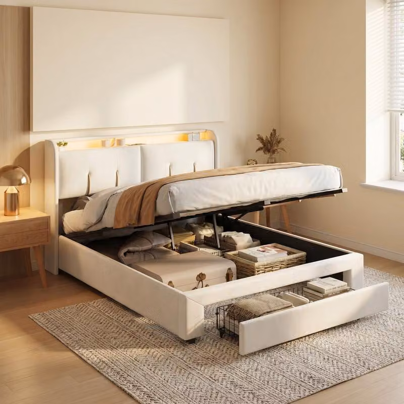 Letto a pressione a gas ProximaX 140×200 cm in bianco panna - Con contenitore nella testata e cassetto nella pediera - Funzione LED e USB - Ideale per camere da letto