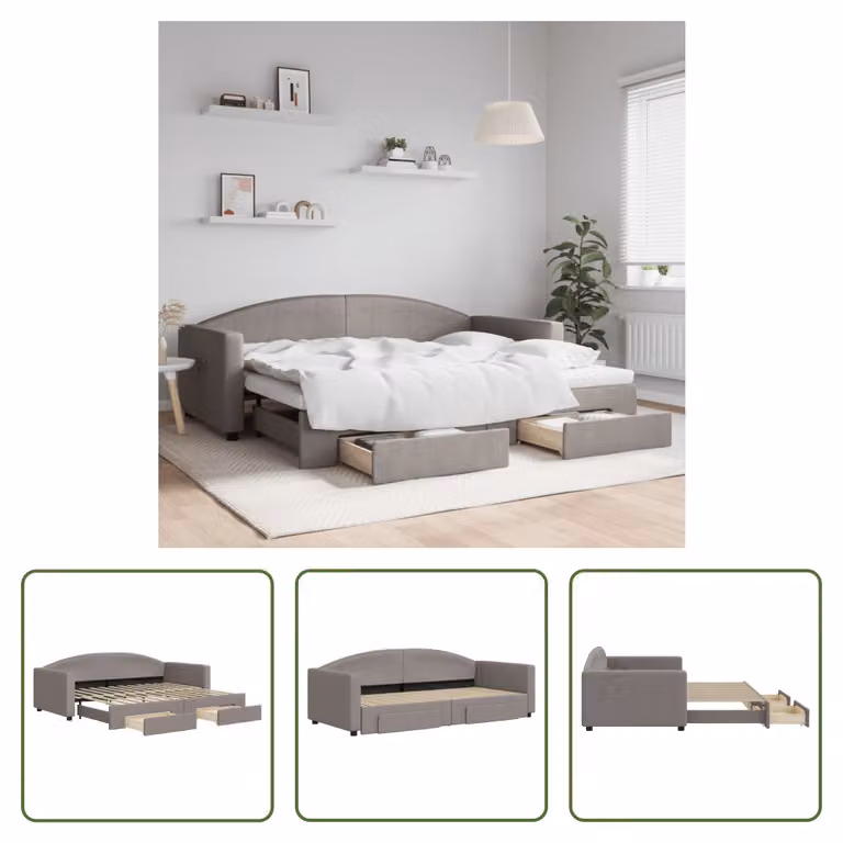 The Living Store Letto allungabile con cassetti Taupe 90x200 cm tessuto
