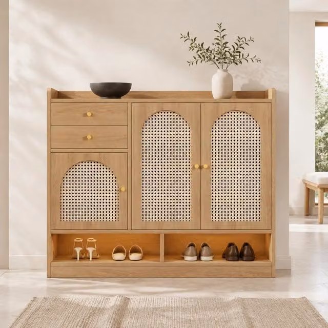 Mobile porta scarpe con 3 ante in rattan, 2 cassetti e illuminazione LED, effetto legno, 120x35x100 cm