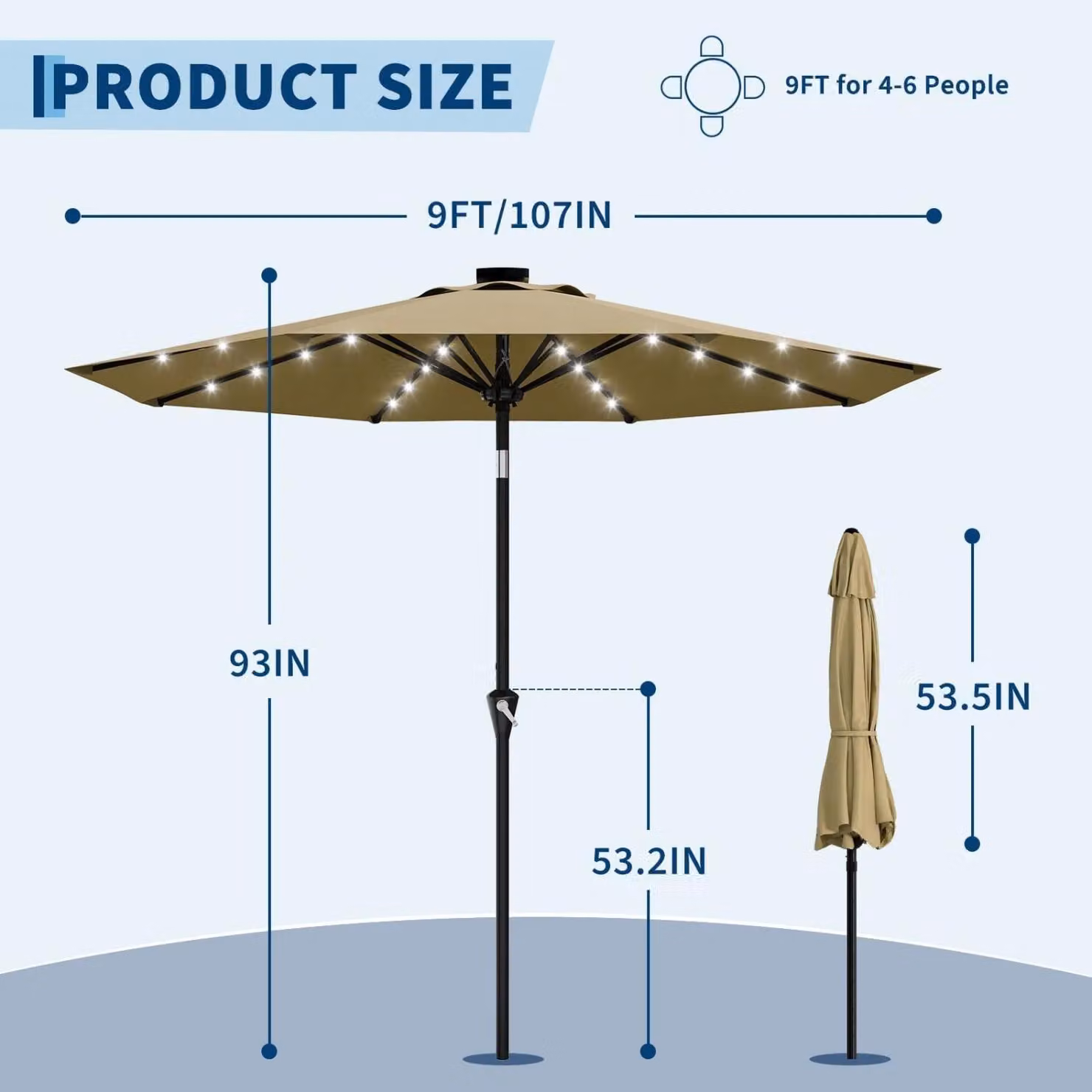 Ombrellone da giardino Solar – Ombrellone per terrazza, 270 cm – Illuminazione LED – Manovella con funzione di inclinazione – 8 robuste stecche – Adatto per tavoli da giardino – Colore kaki