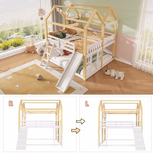 Letto a soppalco per bambini 90x200 cm con scivolo e scaletta reversibili; stile casetta bianco e legno naturale