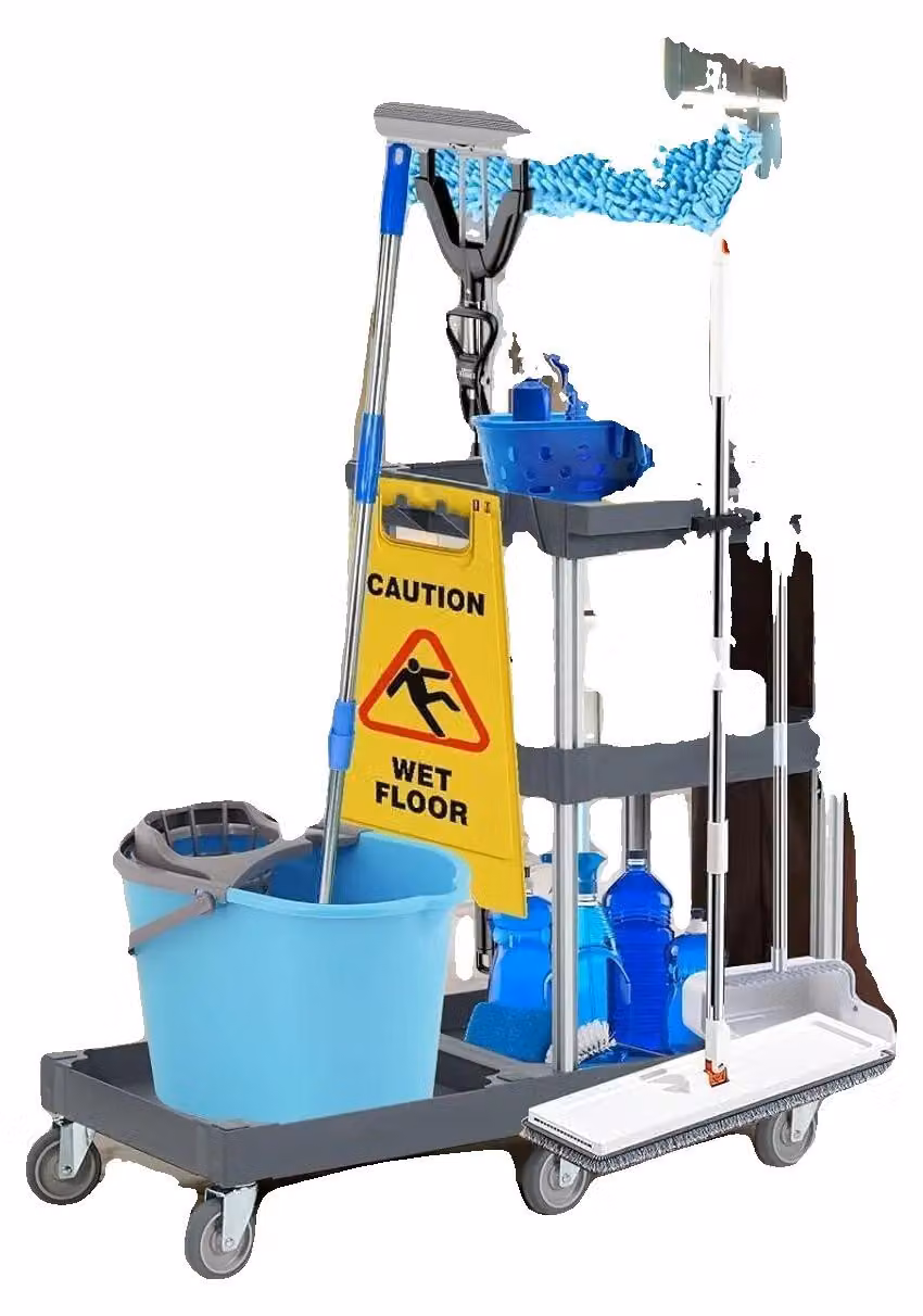 Carrello di pulizia, plastica resistente, 3 ripiani, ruote, copertura, borsa in vinile