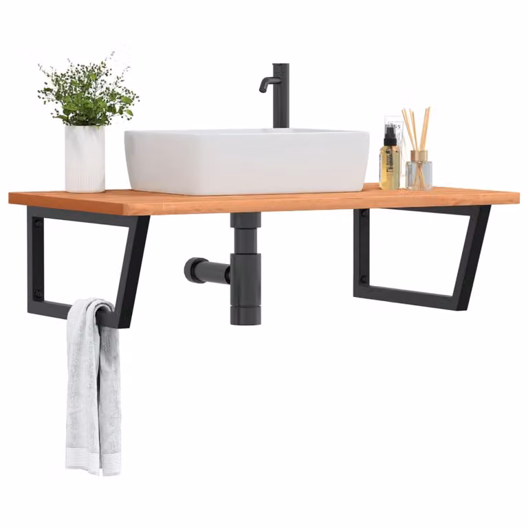 vidaXL Ripiano a Parete per Lavabo Moderno in Acciaio e Faggio Massello, Nero e Marrone