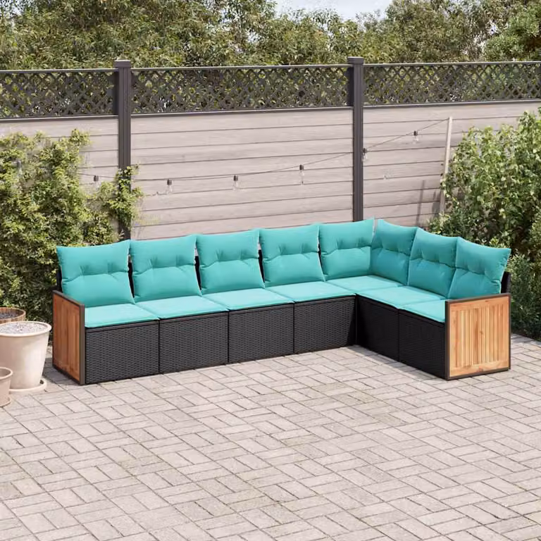 Set di divani da giardino vidaXL in polyrattan nero con cuscini e struttura in legno di acacia, composizione a L con 7 pezzi e coperture rimovibili resistenti ai raggi UV