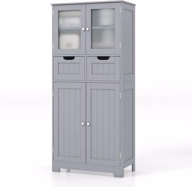 Armadio da Terra con 4 Ante, Mobile da Bagno con 2 Ante in Vetro 2 Cassetti e Ripiani Regolabili, Armadio Multifunzionale per Bagno e Soggiorno (Grigio, 60x30x128cm)