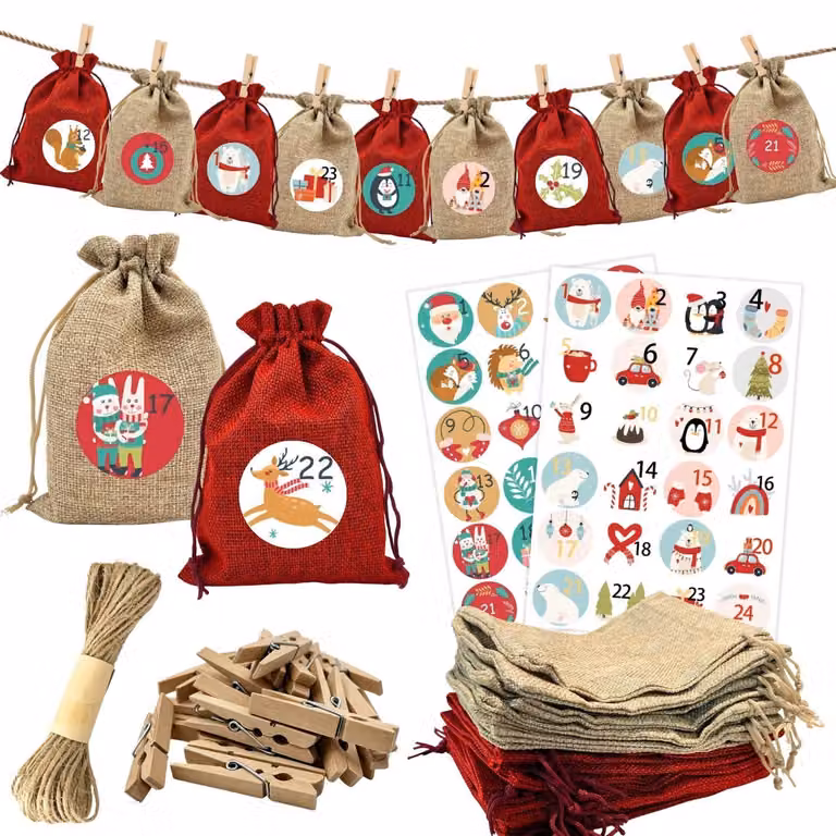 Calendario dell'Avvento da riempire, 24 sacchetti di 13x18 cm, colore rosso e naturale