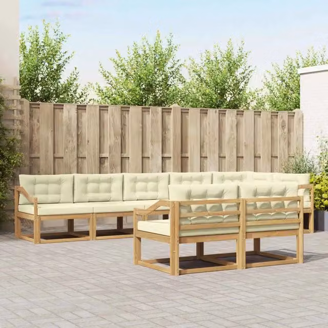 Set di divani da esterno a L vidaXL in legno di acacia con cuscini bianchi e beige