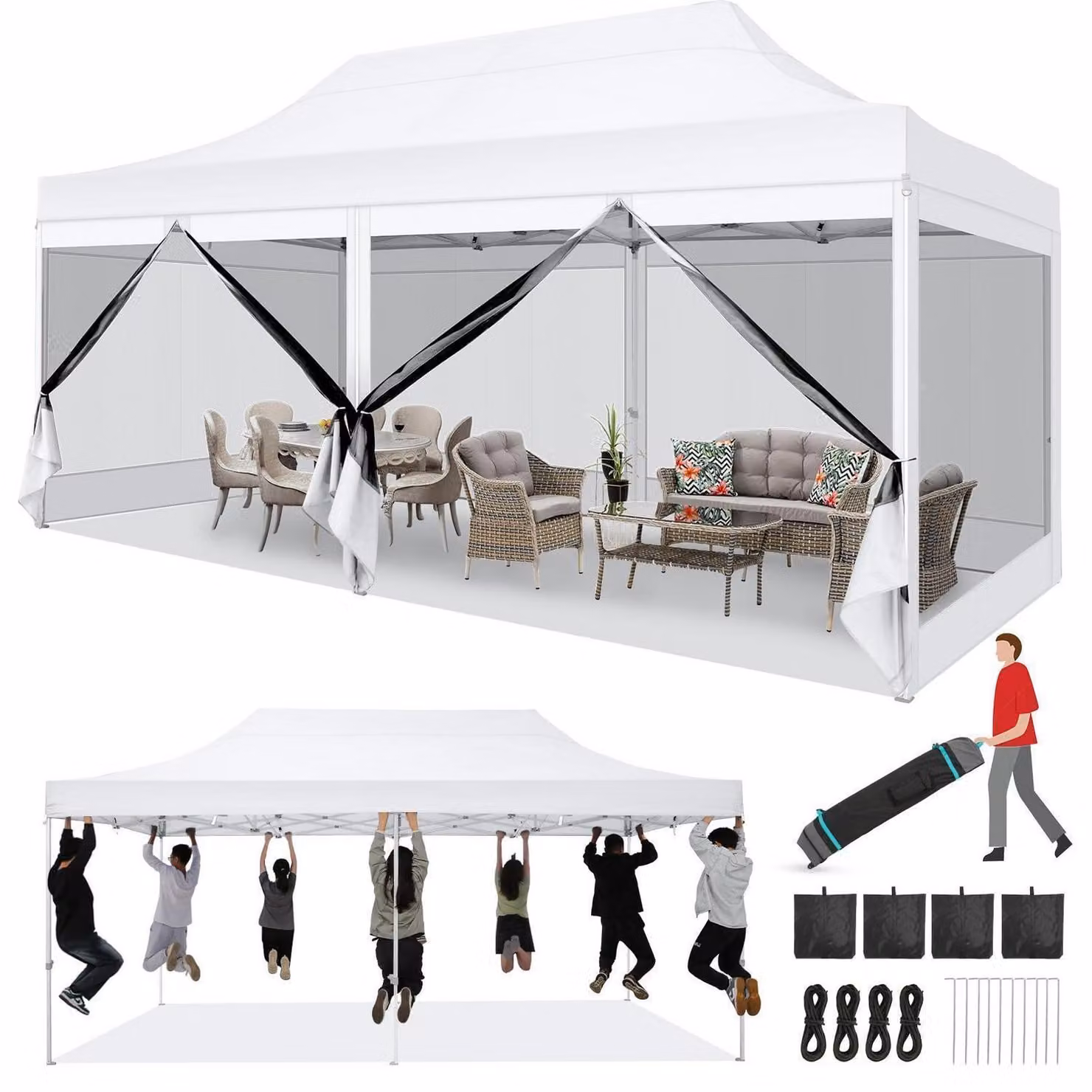 Gazebo da giardino pieghevole, impermeabile, stabile, con 6 pareti laterali, anti-UV, in tessuto Oxford 420D, colore bianco, dimensioni 3x6 metri