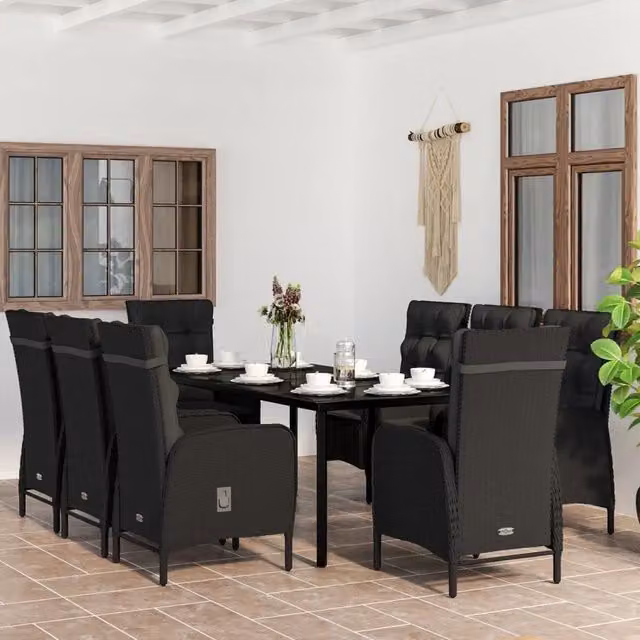 Set da pranzo da giardino vidaXL in rattan e vetro nero con 9 pezzi e cuscini in acacia – 1