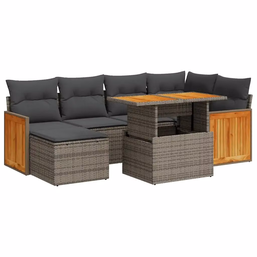 Set da giardino componibile a L vidaXL in polyrattan e legno di acacia con 7 pezzi e cuscini grigi – 2