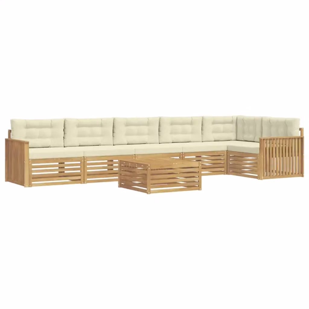 Set di divani da esterno a L con tavolino vidaXL in legno di acacia e tessuto bianco e beige – 2