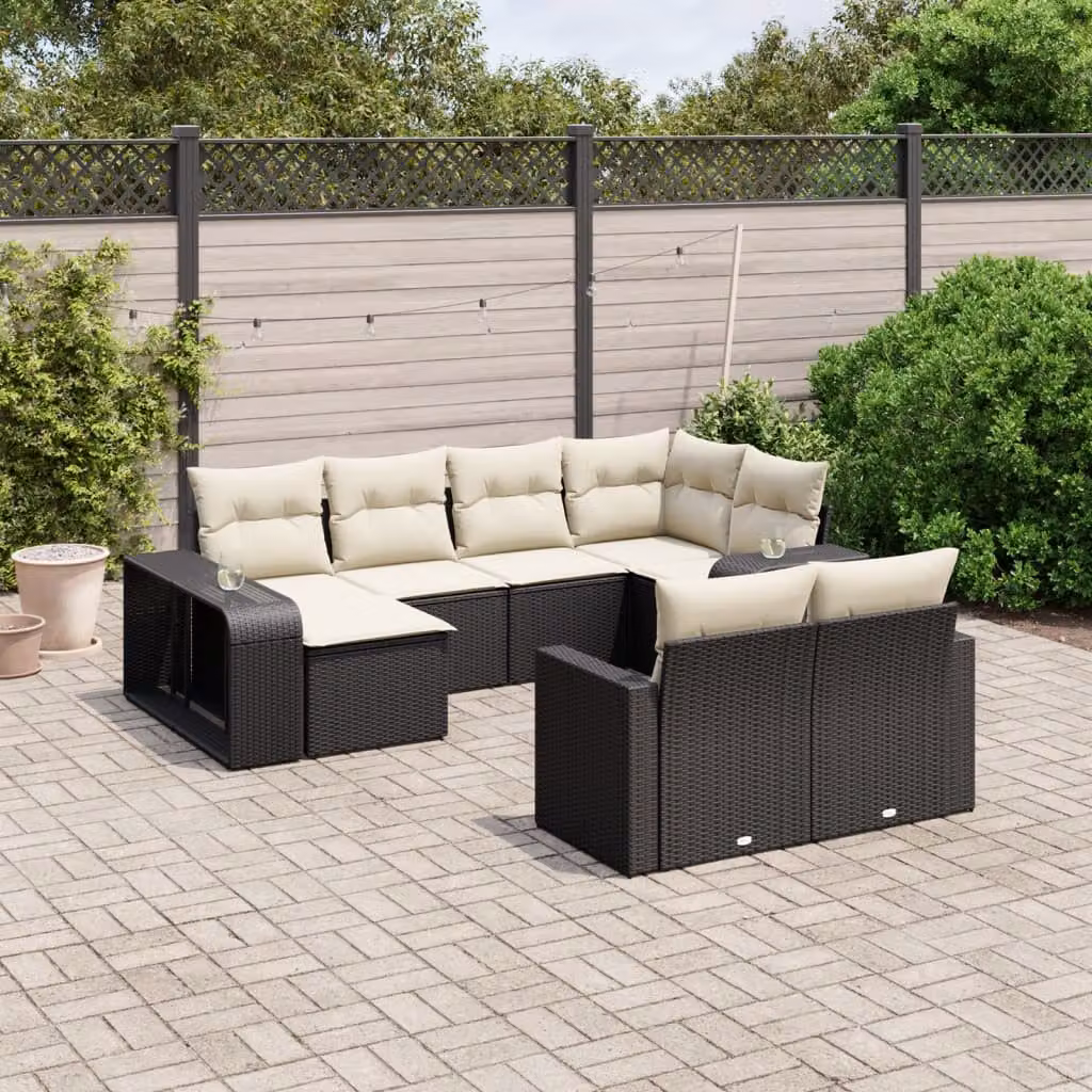vidaXL Set Divani da Giardino a Forma di U in Polyrattan Nero con Cuscini Imbottiti e Rivestimenti Rimovibili – 1