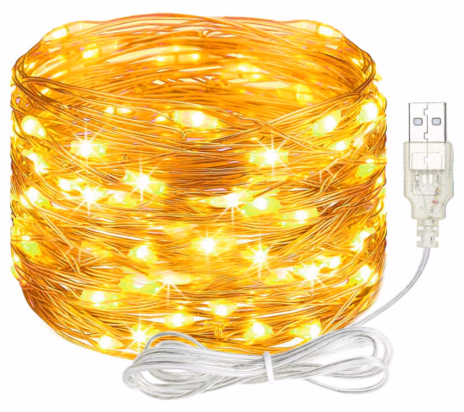 Catena luminosa da 5 metri, 50 LED, filo di rame, luce bianco caldo, grado di protezione IP65, alimentazione USB