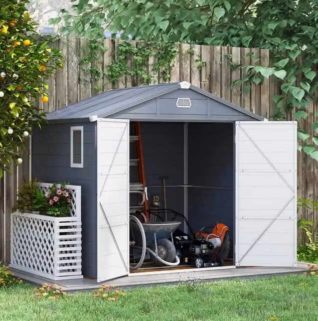 Casetta da giardino MODFU in plastica grigia con porta singola, finestra e ventilazione sul tetto, L: 240 cm, P: 190 cm, H: 228 cm