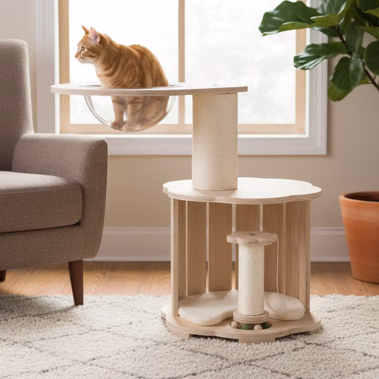Albero per gatti Costway in legno beige con torre a 3 livelli, capsula spaziale, tiragraffi e giochi integrati, Altezza: 74 cm