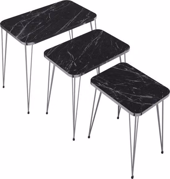 Tavolo da esterno - Set da 3 - Marmo nero e argento - Compensato e metallo - Design elegante