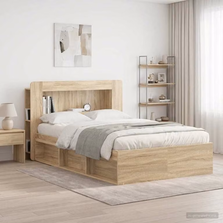 Testata del letto moderna vidaXL in legno ingegnerizzato Rovere Sonoma con ripiani integrati, L: 135 cm, H: 100 cm, P: 20 cm