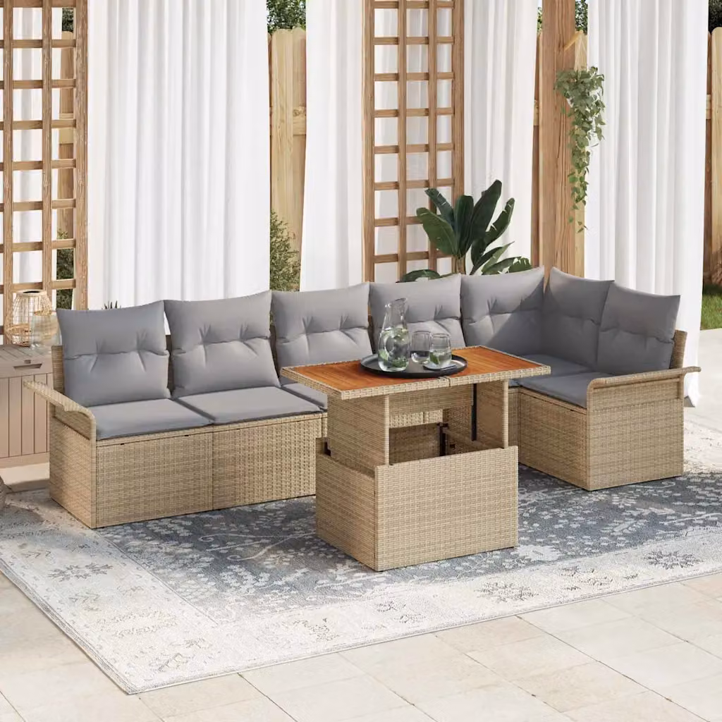 Set Divano da Giardino vidaXL a Forma di L in Polyrattan con Tavolino e Cuscini, 7 Pezzi, Beige e Grigio – 1