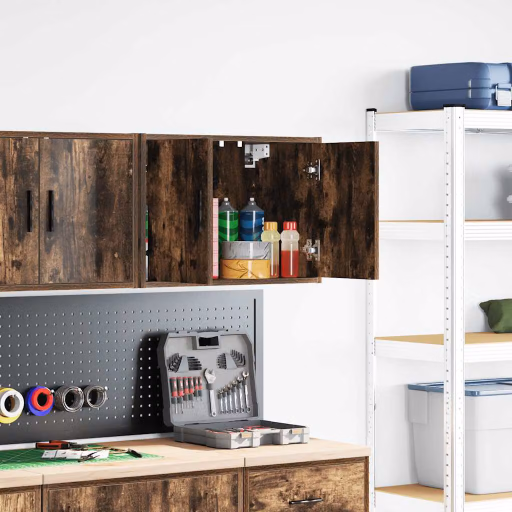 Pensile da garage vidaXL in legno MDF rovere marrone con ante a battente e ripiani interni, stile industriale, montaggio a parete