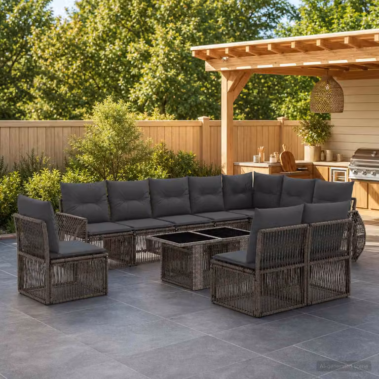 Set Divano da Giardino vidaXL 11 pz in Polyrattan Grigio e Antracite con Cuscini e Tavolino da Esterno a Forma di U