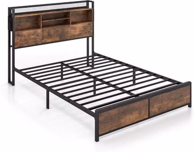 Struttura letto con testiera contenitore e stazione di ricarica, Letto a piattaforma in metallo Marrone 223x143x112cm