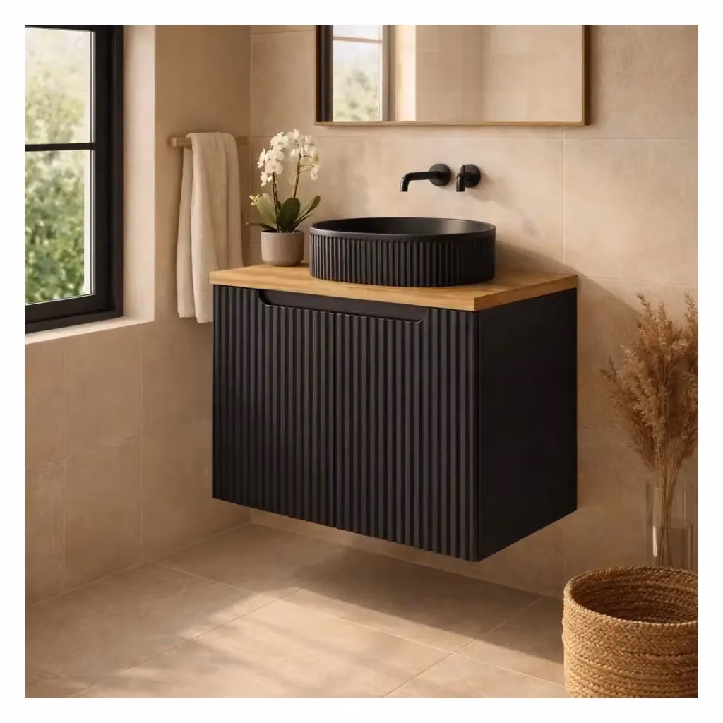 Set da bagno Meublorama VANO con mobile sottolavabo a parete, ante scanalate e piano effetto rovere, L: 60 cm – 2
