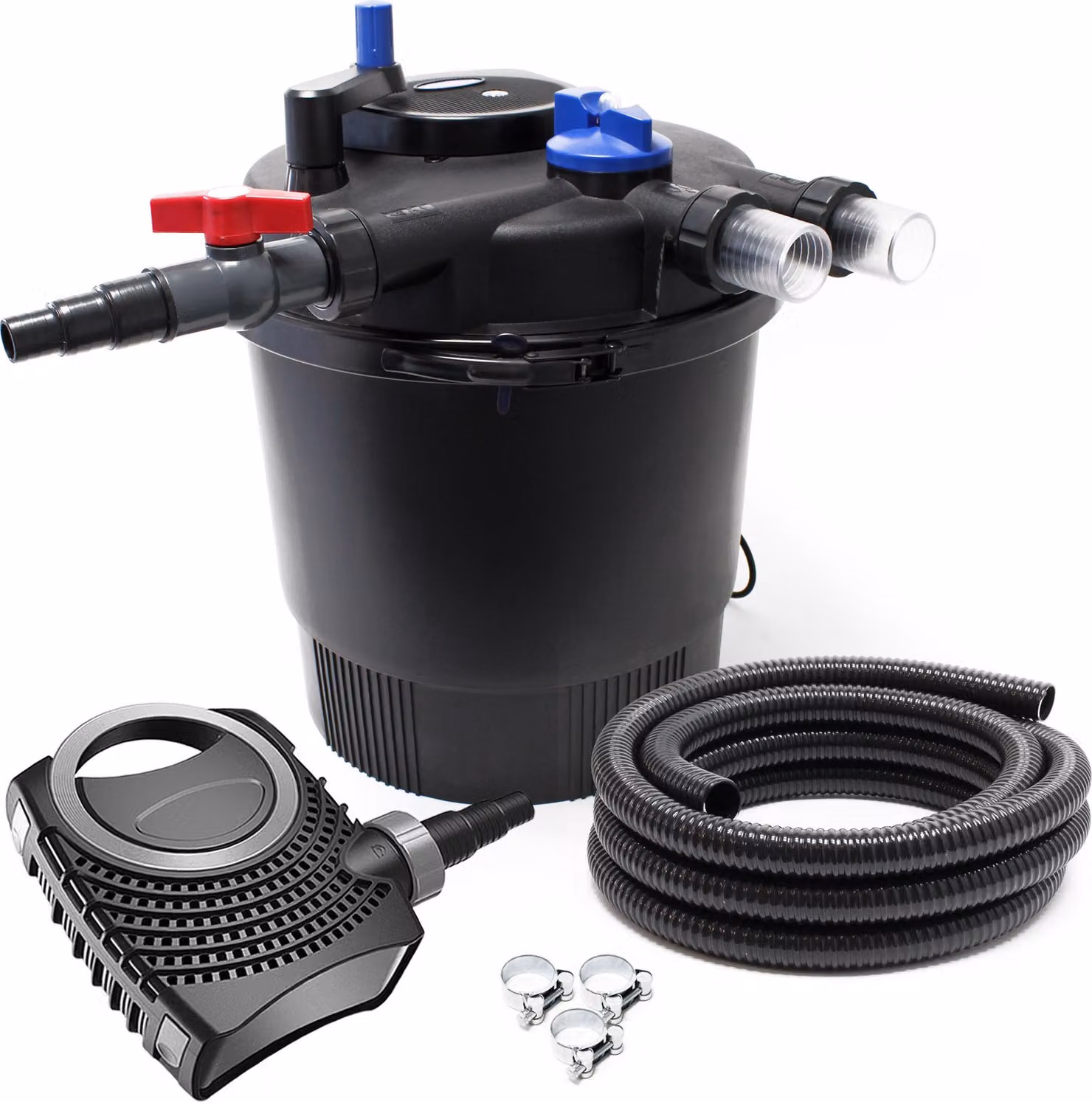 Set completo SunSun: filtro a pressione per laghetti CPF-20000 fino a 10000 L con chiarificatore UV-C da 11 watt, pompa per laghetti NEO8000 SuperEco 8000l/h 70W, tubo flessibile per laghetti da 10 m 38 mm (1 1/2"), fascette stringitubo W1 44-47mm