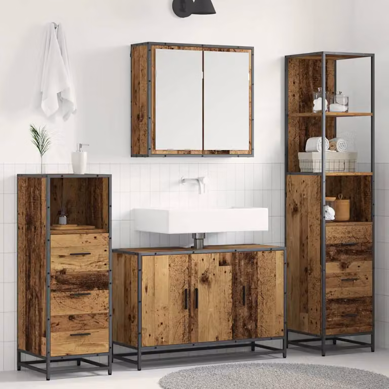 Set di mobili per il bagno moderno vidaXL in legno e metallo marrone, composto da armadietto con specchio, mobile lavabo, mobile laterale e colonna alta, L/P/H: 90 x 33 x 166 cm