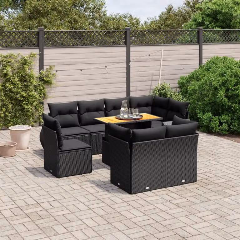 vidaXL Set Divani da Giardino a L 9 pz in Polyrattan Nero con Cuscini Imbottiti e Tavolino da Esterno