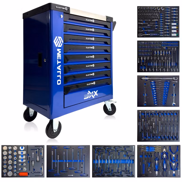 Toolcar Metallo Blue 8/8 Carrello portautensili Carrello da officina 8 cassetti riempiti