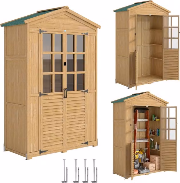 Armadio da Giardino in Legno con Finestre Trasparenti, 128x57.5x197 cm, Marrone Chiaro