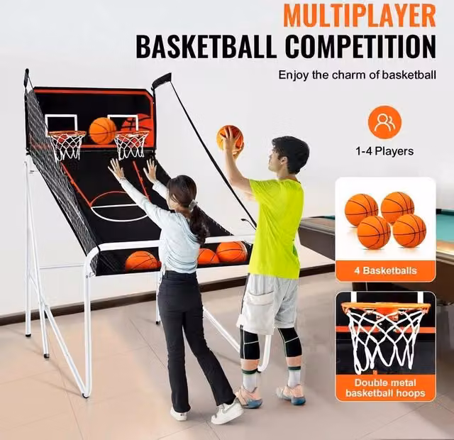 Gioco Arcade Pallacanestro Pieghevole per 2 Persone con 4 Palloni, 8 Modalità e Segnapunti LCD, Bianco e Nero – 1