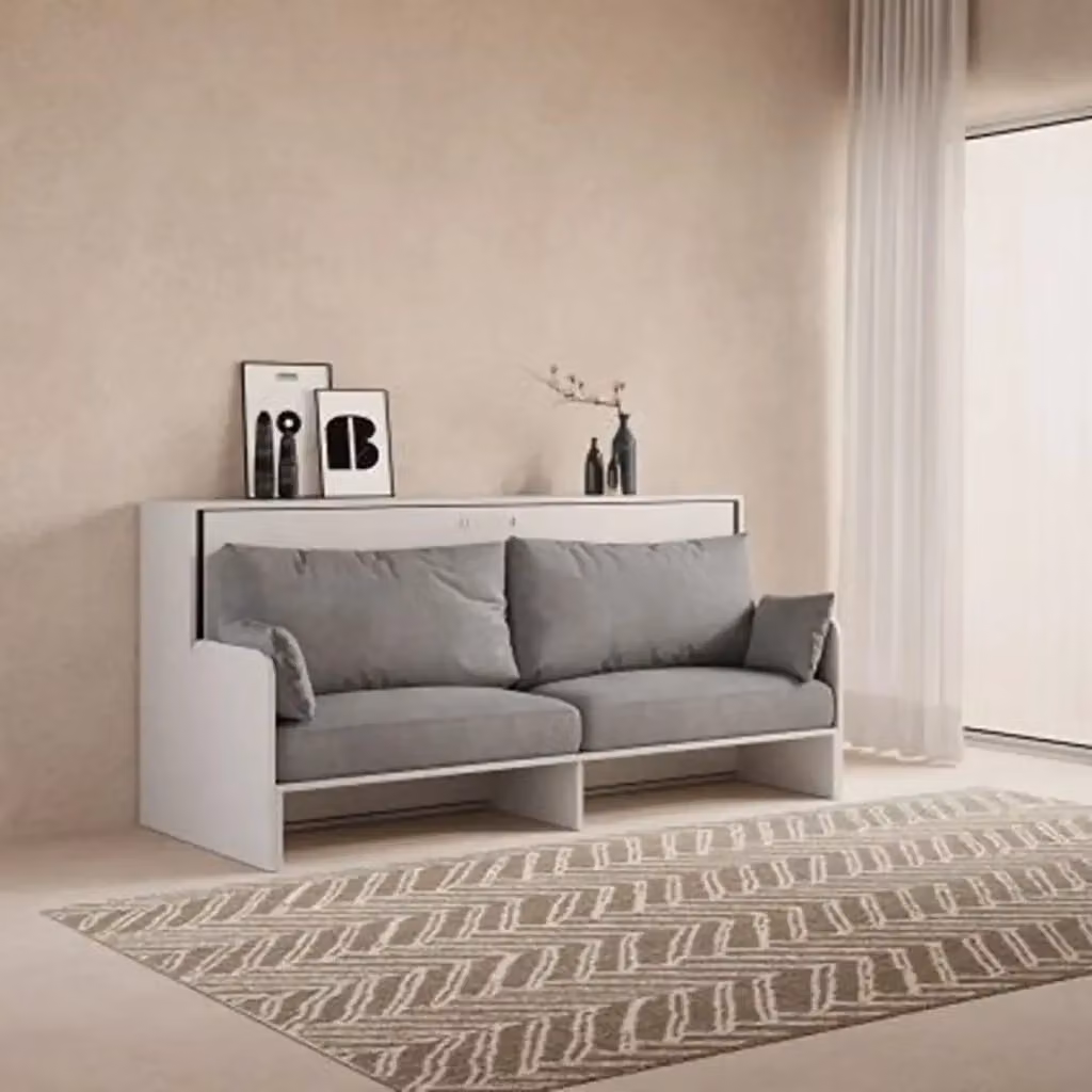 Letto singolo a scomparsa Kando con divano e materasso, finitura bianco frassino e grigio – 2
