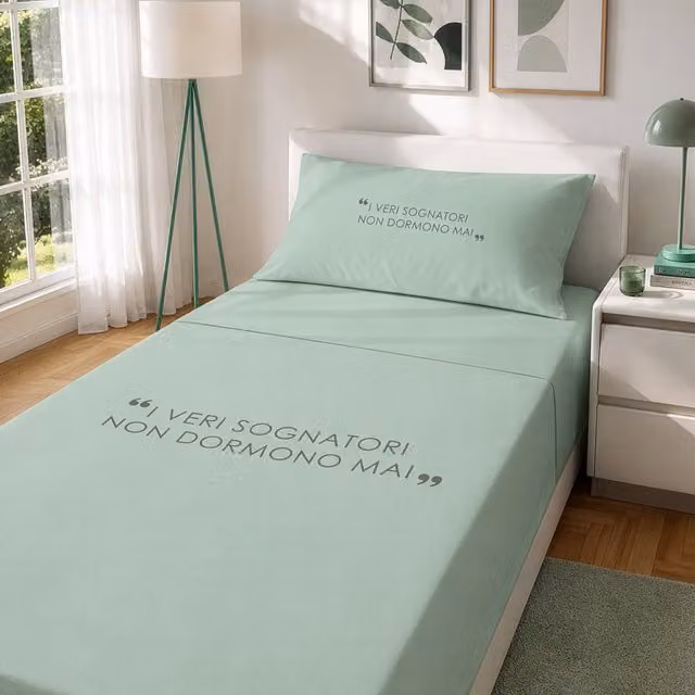 Completo letto Kasanova in cotone verde con stampa Quotes per 1 piazza e mezza 140x200 cm