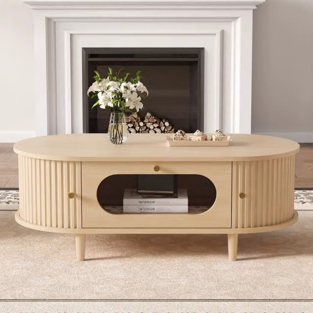 Tavolino basso con 1 cassetto, 2 ante a scomparsa e 4 gambe, in MDF e vetro, colore rovere, 100 × 50 × 36 cm