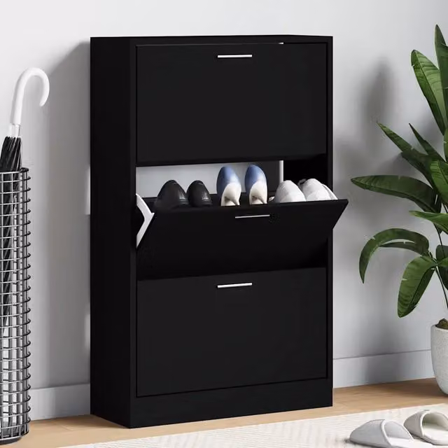 Scarpiera moderna nera vidaXL in legno con ante a ribalta da appendere al muro L: 63 cm, P: 24 cm, H: 103 cm – 1