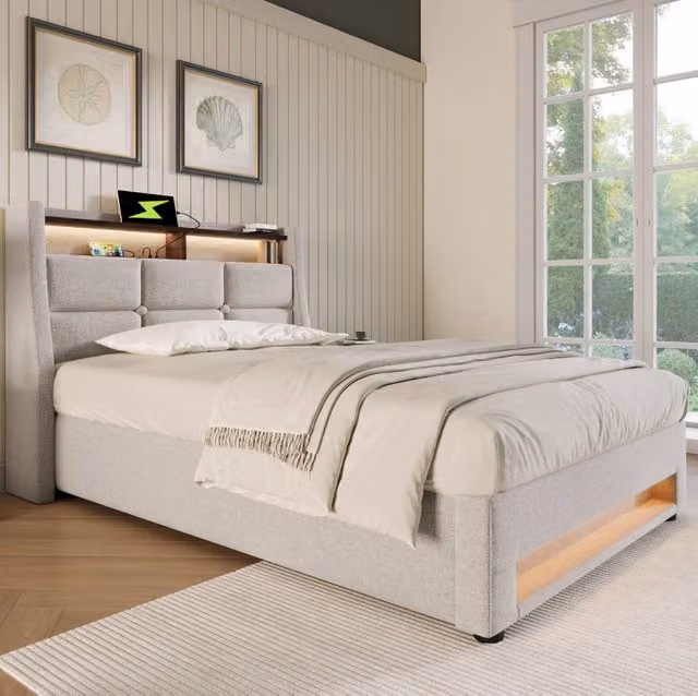 Letto imbottito 90x200 cm con LED e USB; lino beige (Senza materasso)