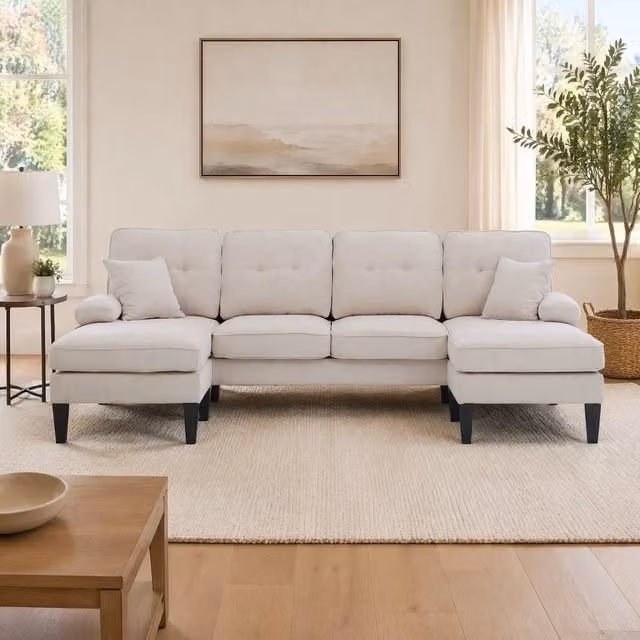 Divano a U 4 posti con 2 chaise longue; USB e Type-C; 250x130x88 cm; lino beige