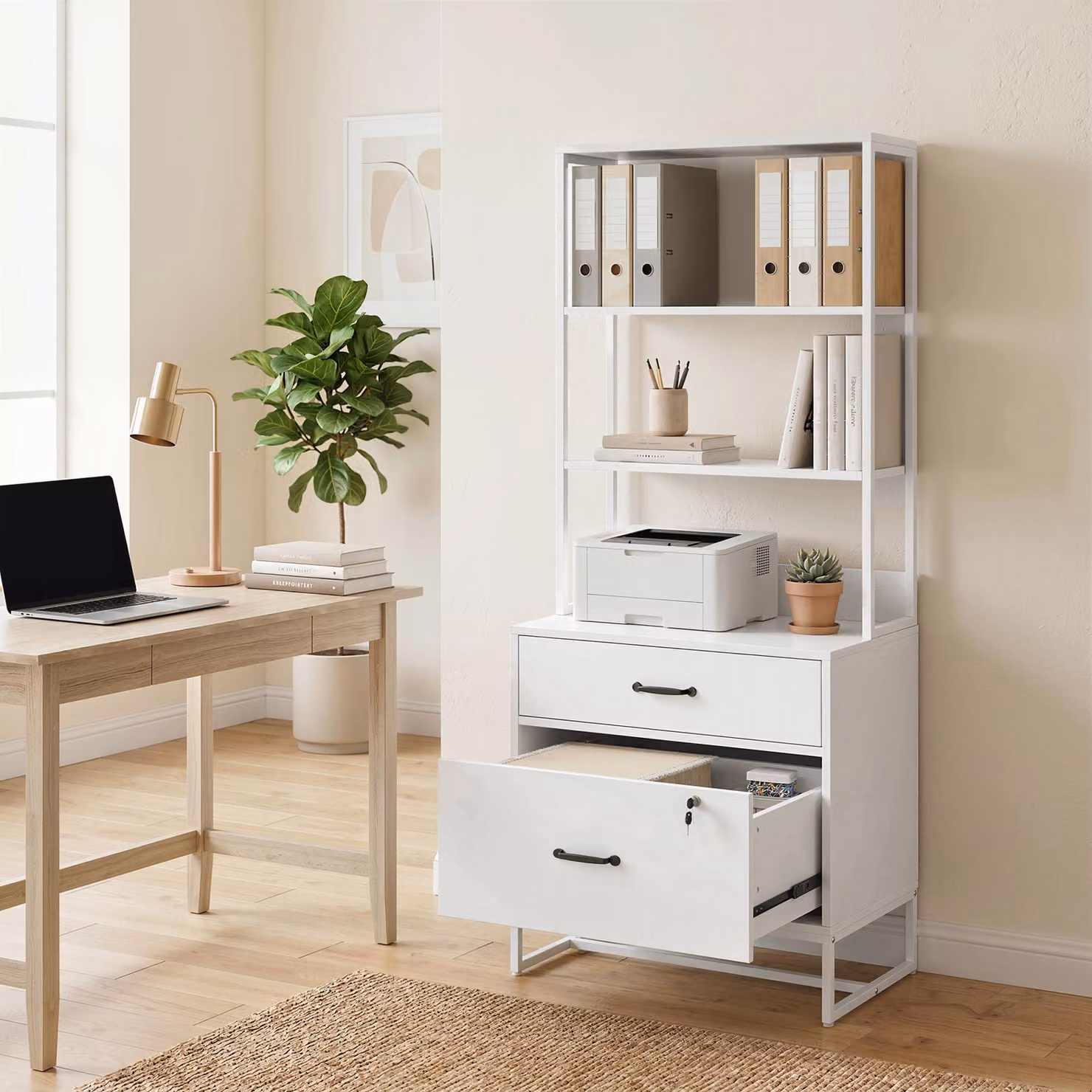 Mobile Archivio HOMCOM con Scaffale e 2 Cassetti, Piano per Stampante e Serratura, Bianco – 2