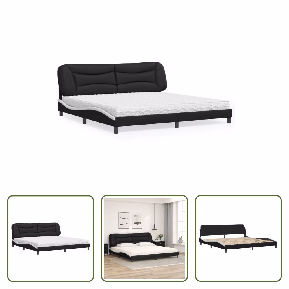 The Living Store Letto con materasso bianco e nero 200x200 cm in ecopelle