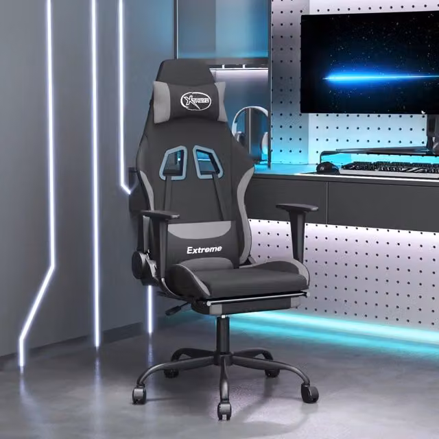 Sedia da Gaming vidaXL con Poggiapiedi, Rivestimento in Tessuto, Colore Nero e Grigio, Regolabile e Ruote, Ideale per Home Office e Adulti – 1