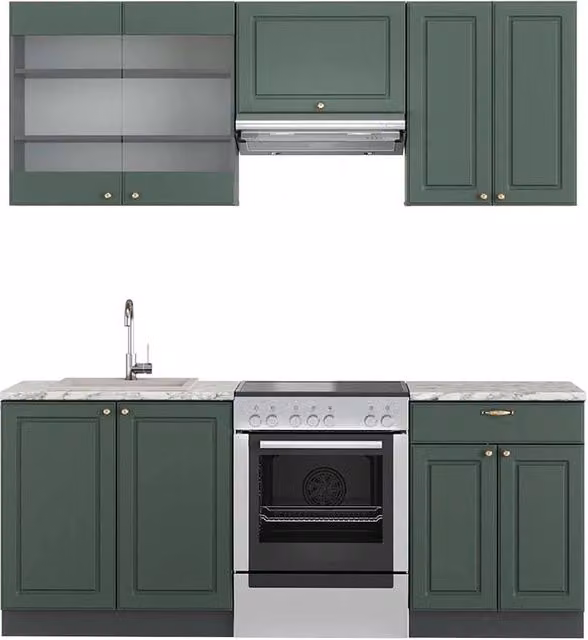 Cucina componibile Fame-Line Vicco in stile country house, colore verde-oro rustico e antracite, L: 200 cm, P: 60 cm, H: 81,6 cm – 1