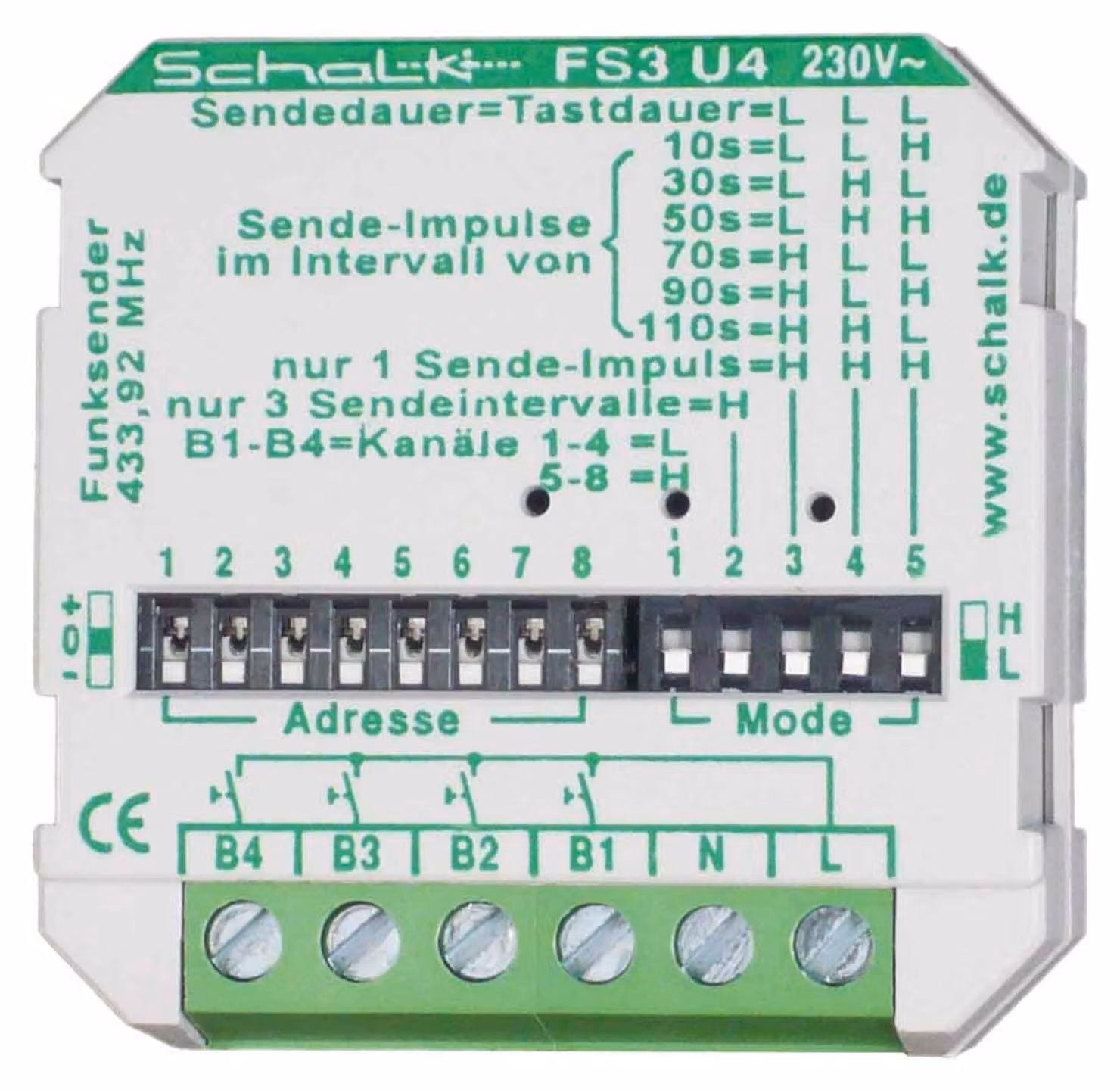 Trasmettitore radio da incasso Schalk a 4 canali FS3 U4 (230V AC)