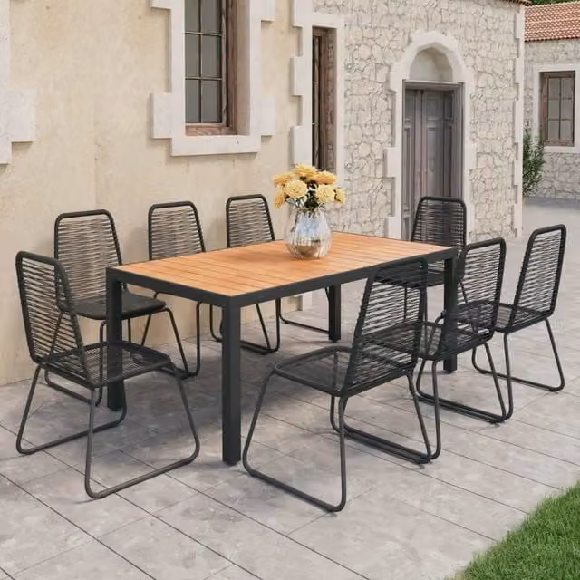 Set da Pranzo da Giardino 9 pz in Rattan PVC Nero e Marrone 3060129