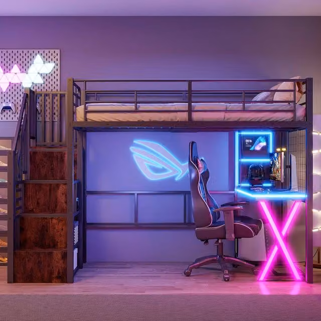 Letto a soppalco singolo 90×200 cm con LED; scrivania; armadio e ripiani; senza materasso; metallo; nero