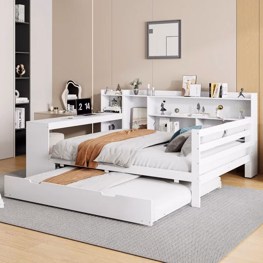 Letto matrimoniale estraibile bianco con scrivania, ripiani, porte USB e vani portaoggetti, L/P/H: 140 x 200 x 100 cm – 2