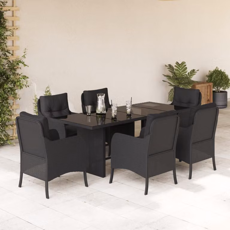 Set da Pranzo da Giardino vidaXL 7 pz in Polyrattan Nero con Piano in Vetro