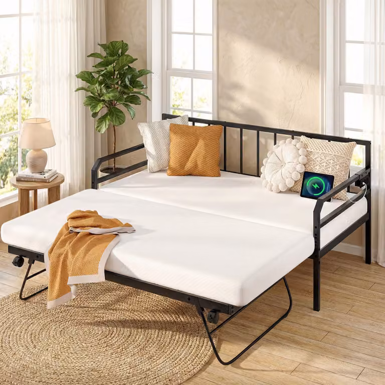 Divano letto singolo Costway con luci LED, stazione di ricarica e contenitore estraibile, struttura in metallo per soggiorno e camera da letto