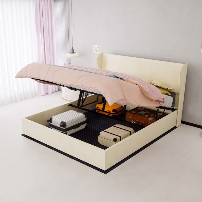 Letto imbottito 140x190 cm con spazio contenitore, illuminazione LED a 360 gradi e porte USB/USB-C, letto grigio in lino con testiera imbottita e rete a doghe